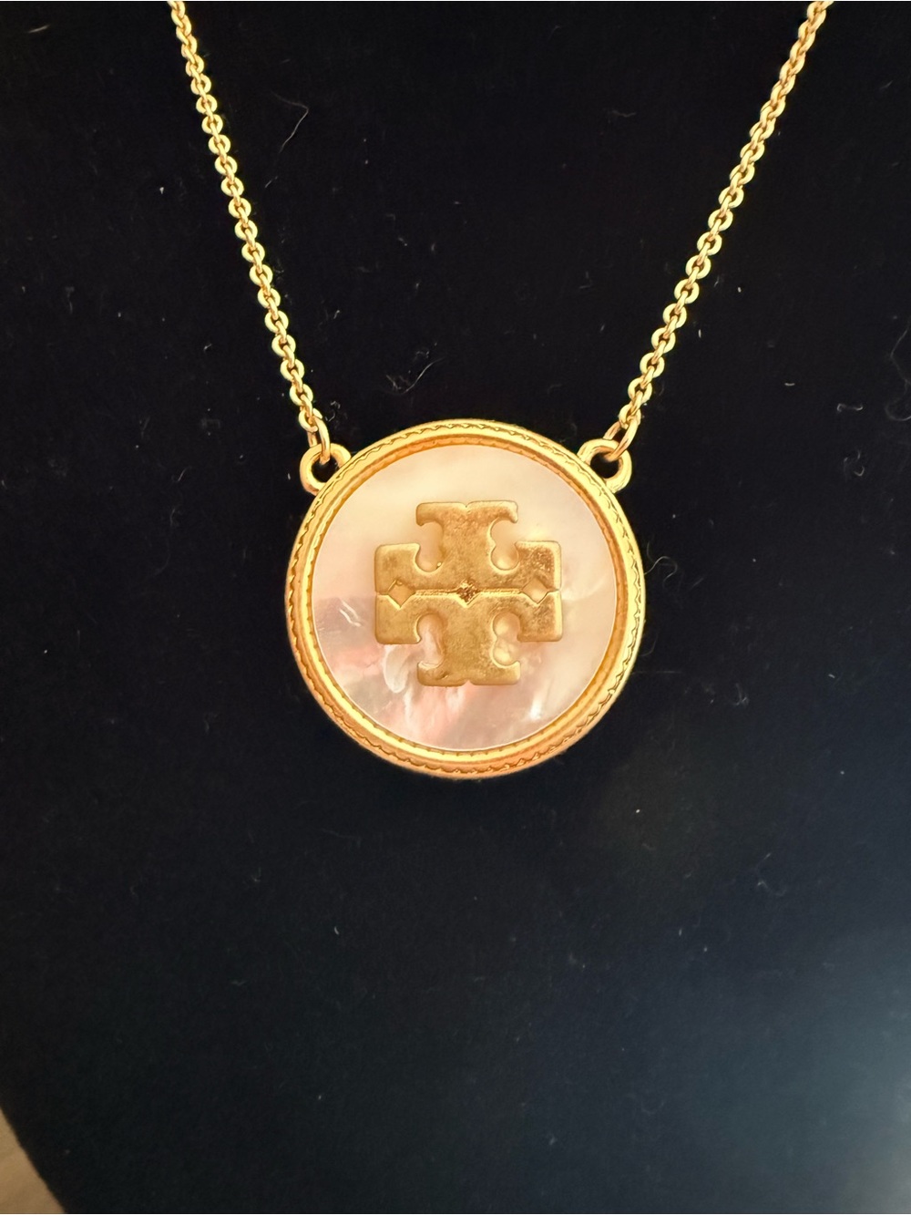 Tory Burch Gold-Tone Mother-of-Pearl Logo Pendant Necklace - Picture 2 of 6